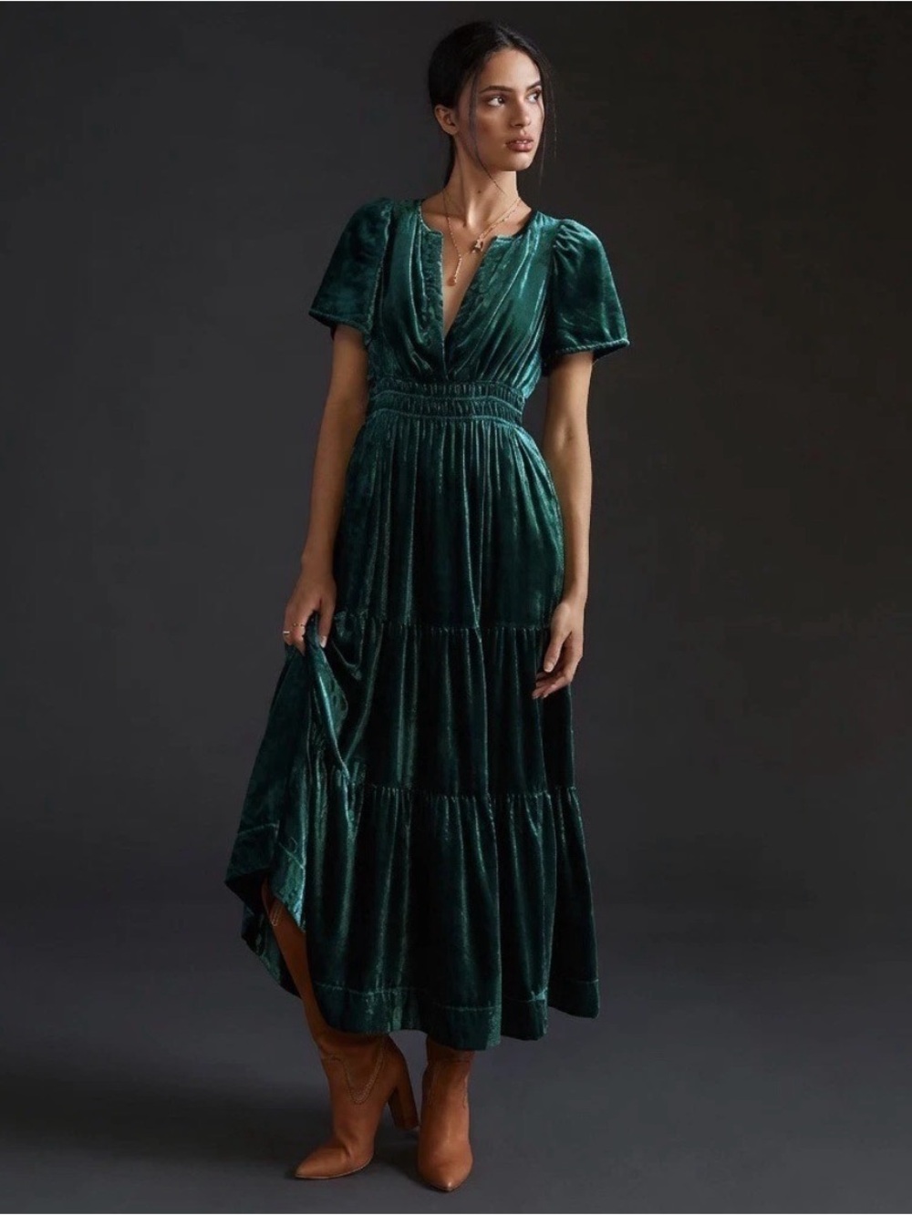Anthropologie The Somerset Maxi Velvet Dress Long Tiered Dark Green Size XXS